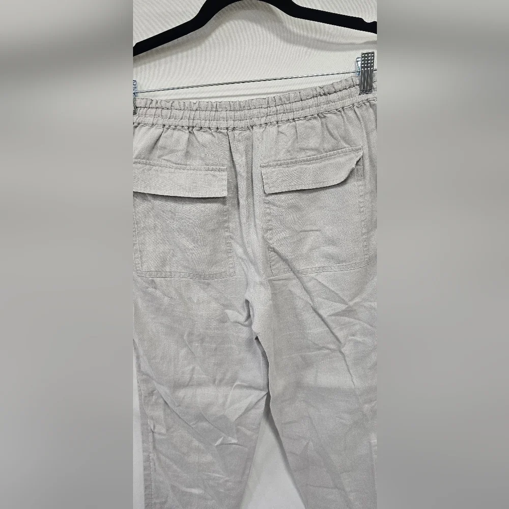 Vince women S cropped linen‎ pants gray pull on travel beach drawstring festival